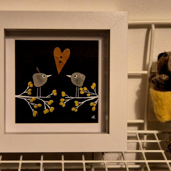 Lovely little handmade love birds in white frame, seaham sea glass with heart 