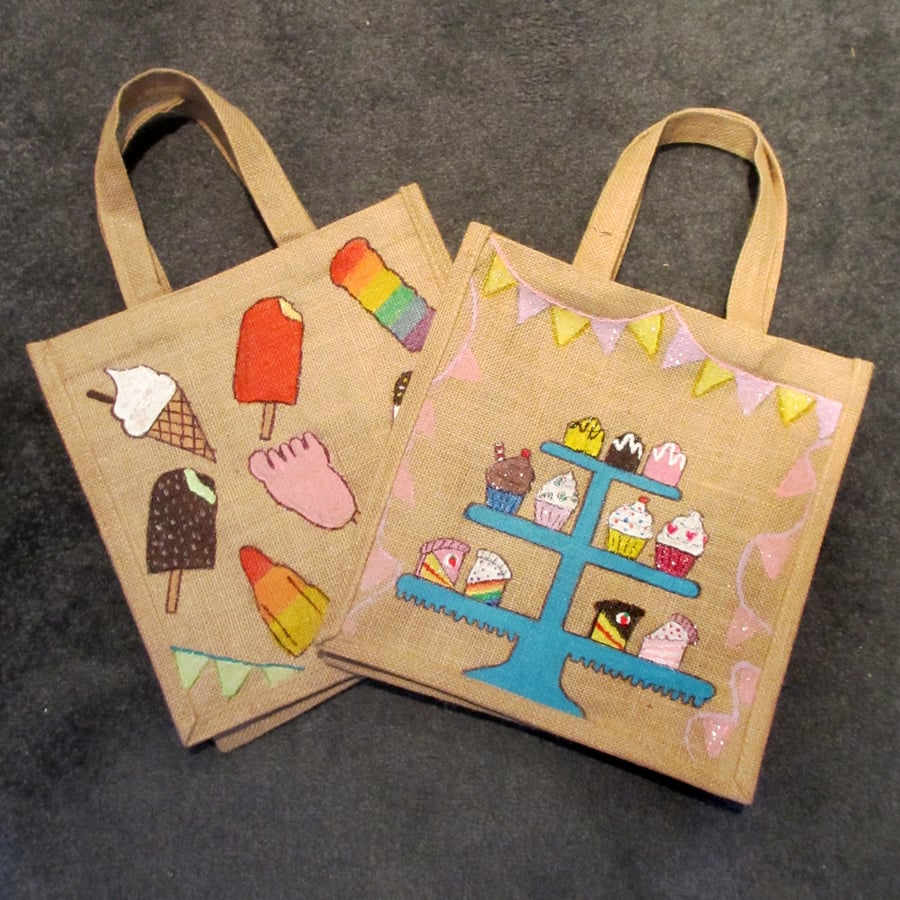 00 -Handmade Retro jute bags, handpainted cakes or ice creams style ONE SUPPLIED