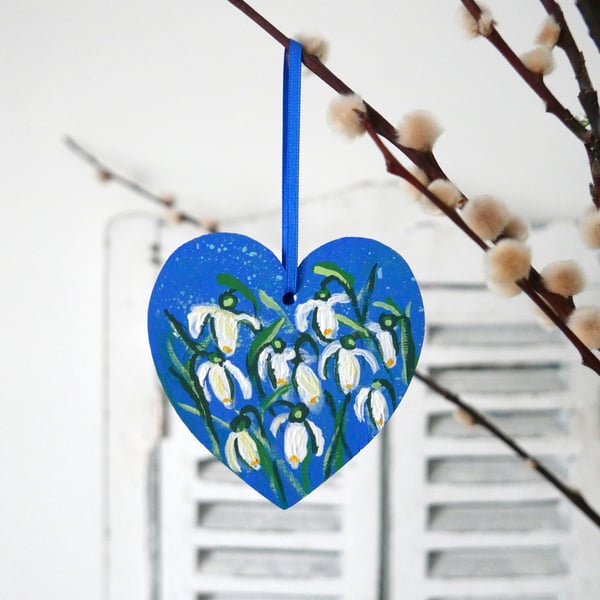Snowdrops Hanging Decoration, Blue Heart, Valentine's Day Gift, Spring Flowers 