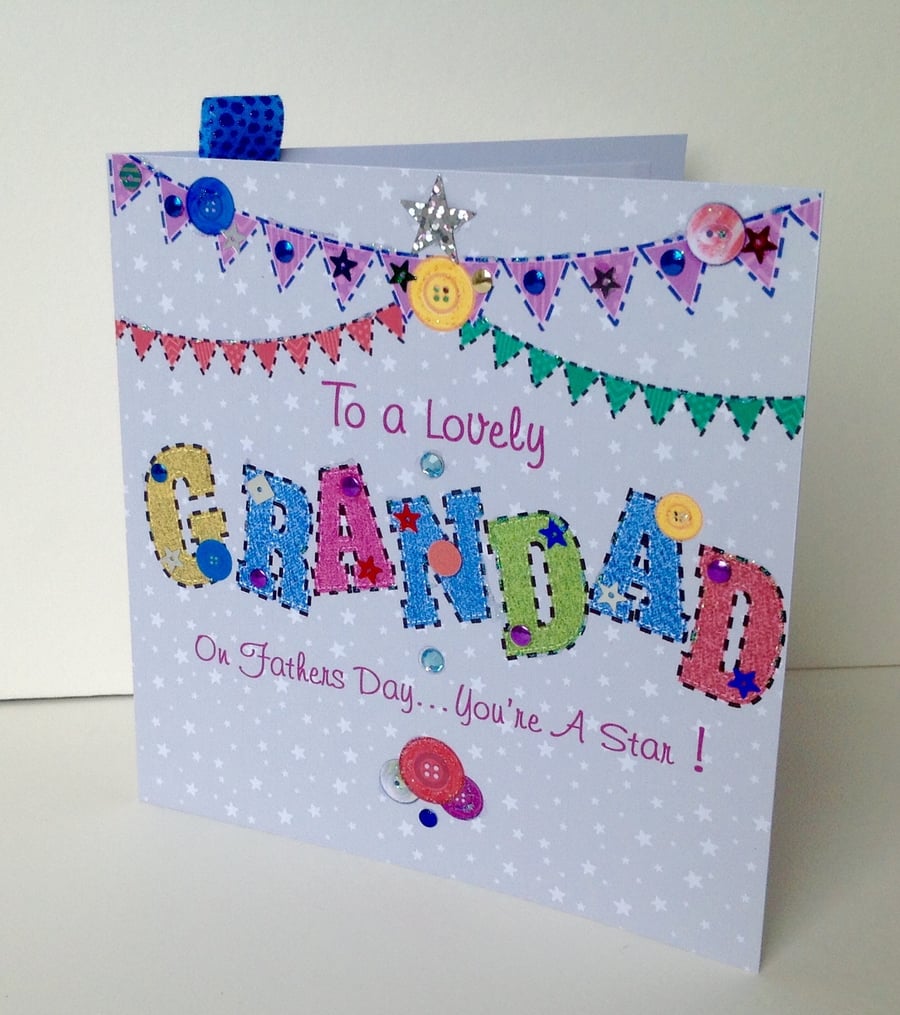 Fathers Day Greeting Card,Grandad,Printed Appliqué Design,Handfinished
