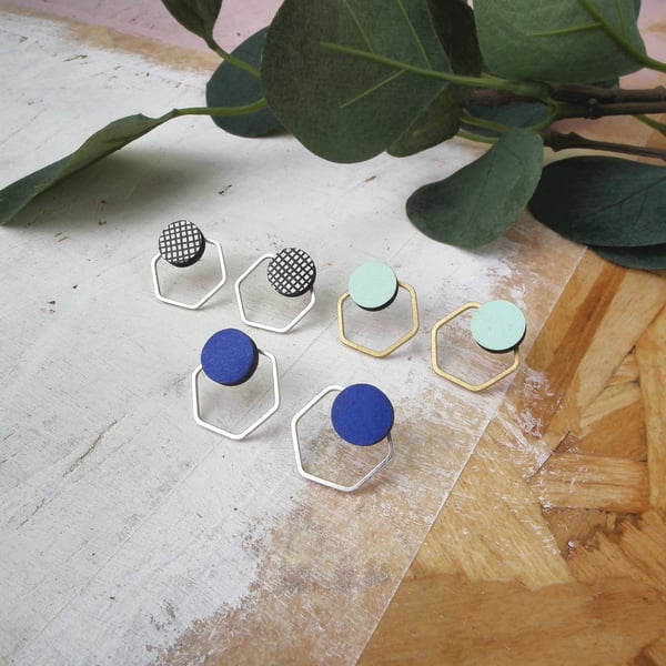 Geometric Hexa Brass Cut Out Stud Earrings