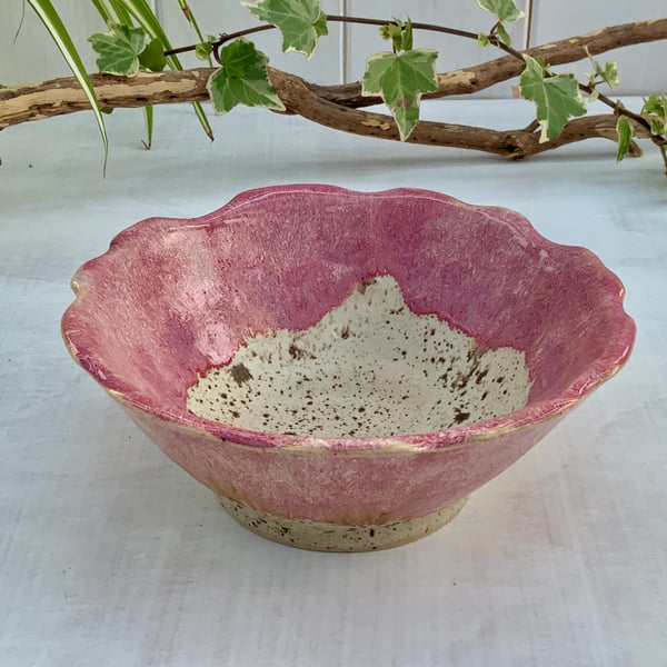 Scalloped Rimmed Dish with winter wood & raspberry mist glaze 