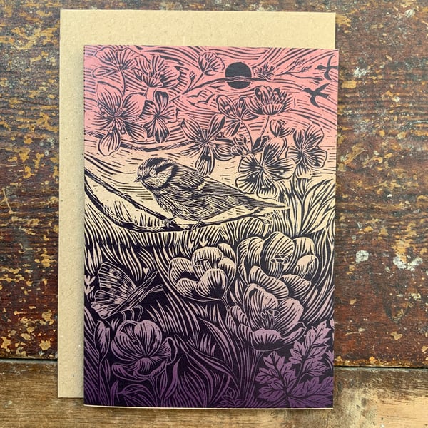 Linocut print - Bluetit - Greeting Card - Bird - Birthday Card - Nature Card - H