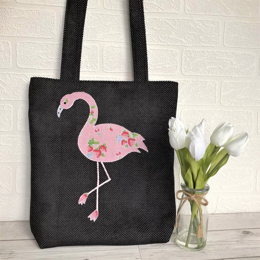 Flamingo tote bag in black with pink strawberry print flamingo