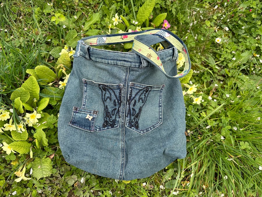 Denim upcycled shoulder bag,butterfly embellishment pockets & green print lining