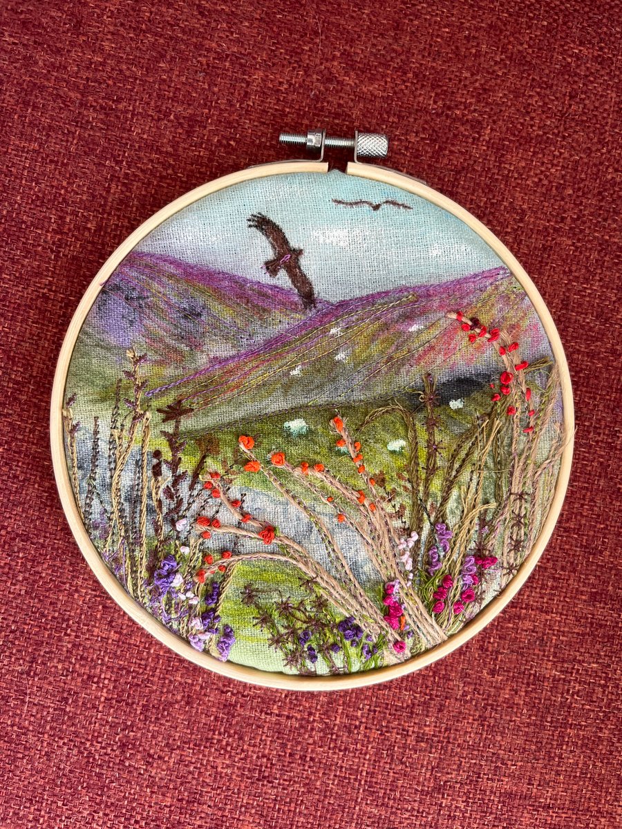 Moorland landscape hand painted and embroidered 