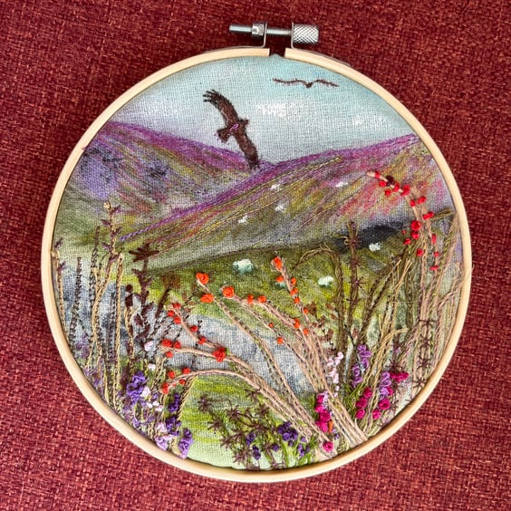 Moorland landscape hand painted and embroidered 