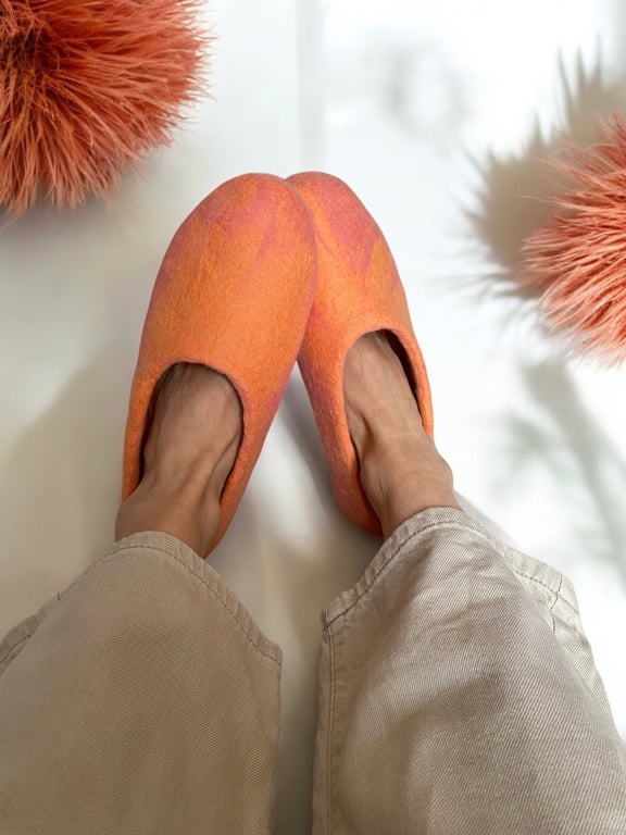 Salmon Hand Felted Merino Wool Slippers Clogs