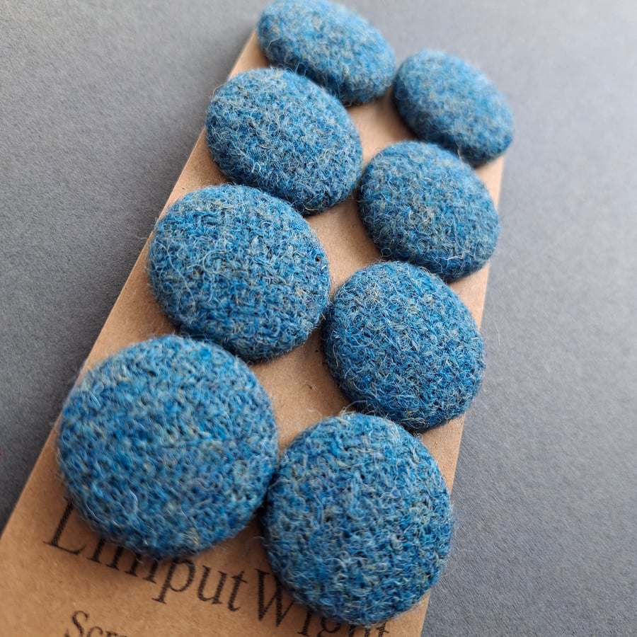 Set of eight scrap bag buttons - teal blue Harris Tweed