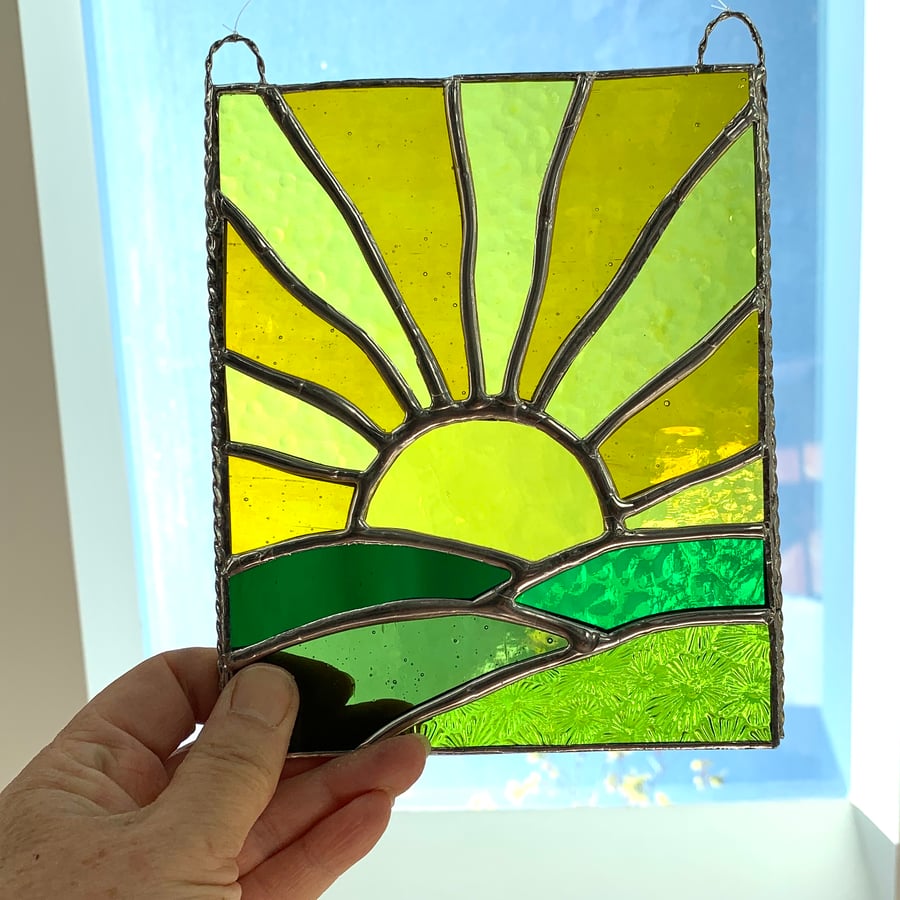 Stained Glass Sunrise Panel Suncatcher - Handmade Window Decoration 