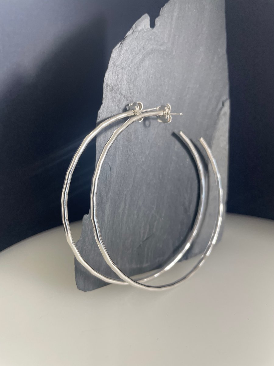 Silver Hoop Earrings - 2mm Sterling Silver Hammered-Faceted - Sizes 40-60mm 