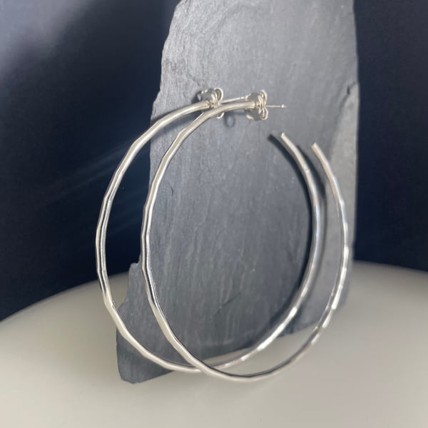 Silver Hoop Earrings - 2mm Sterling Silver Hammered-Faceted - Sizes 40-60mm 