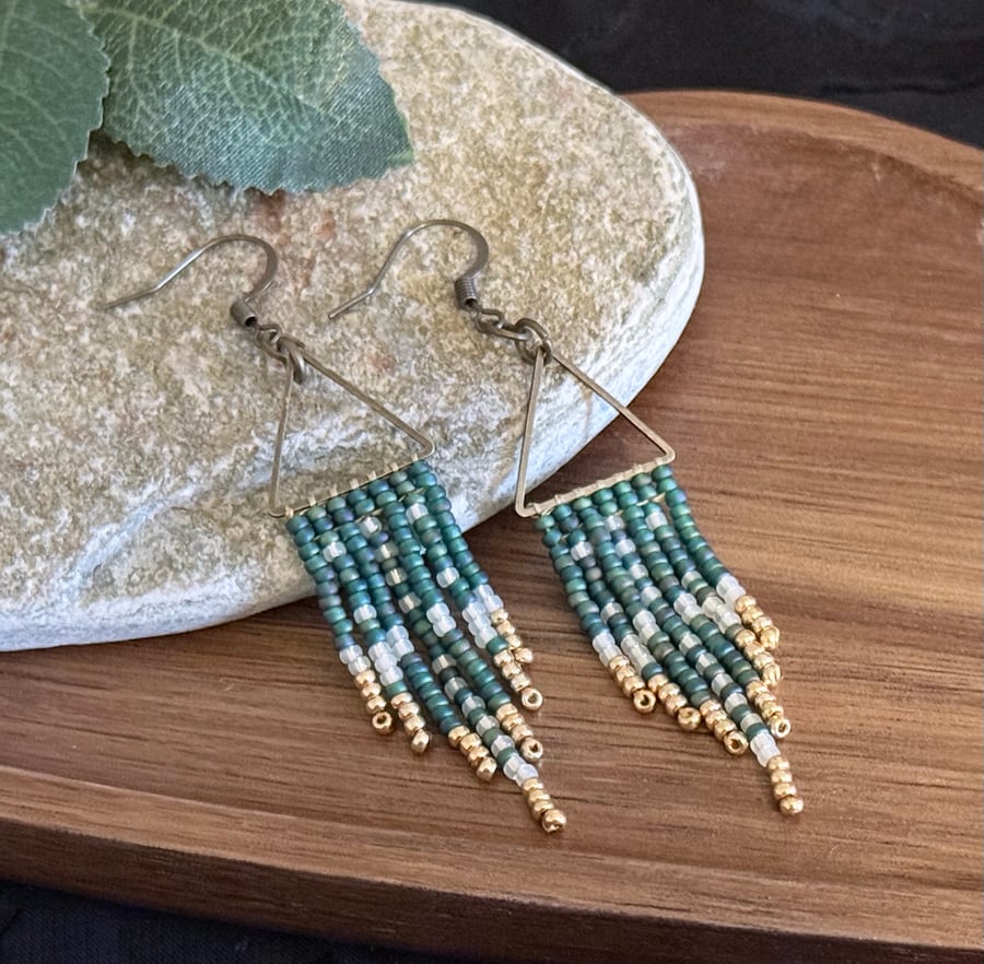 Deep Emerald Green and Gold Bohemian Fringe Earrings 