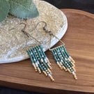 Deep Emerald Green and Gold Bohemian Fringe Earrings 