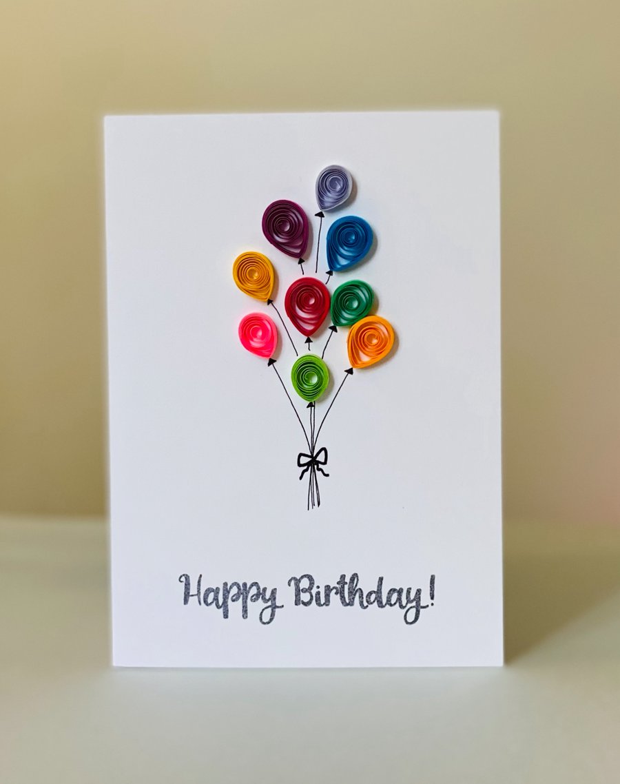 Quilled balloons card, colourful balloons, happy birthday card, quilled cards