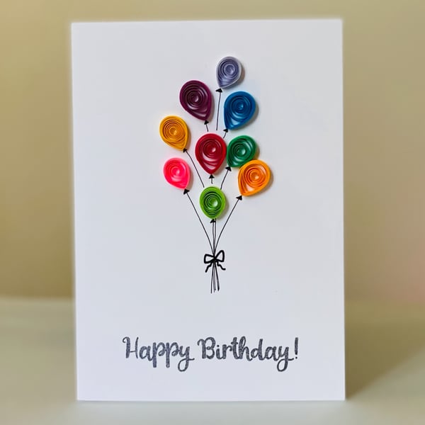 Quilled balloons card, colourful balloons, happy birthday card, quilled cards
