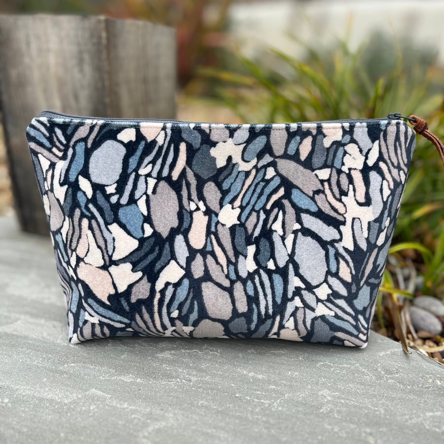 Abstract velvet large zip pouch blue and grey