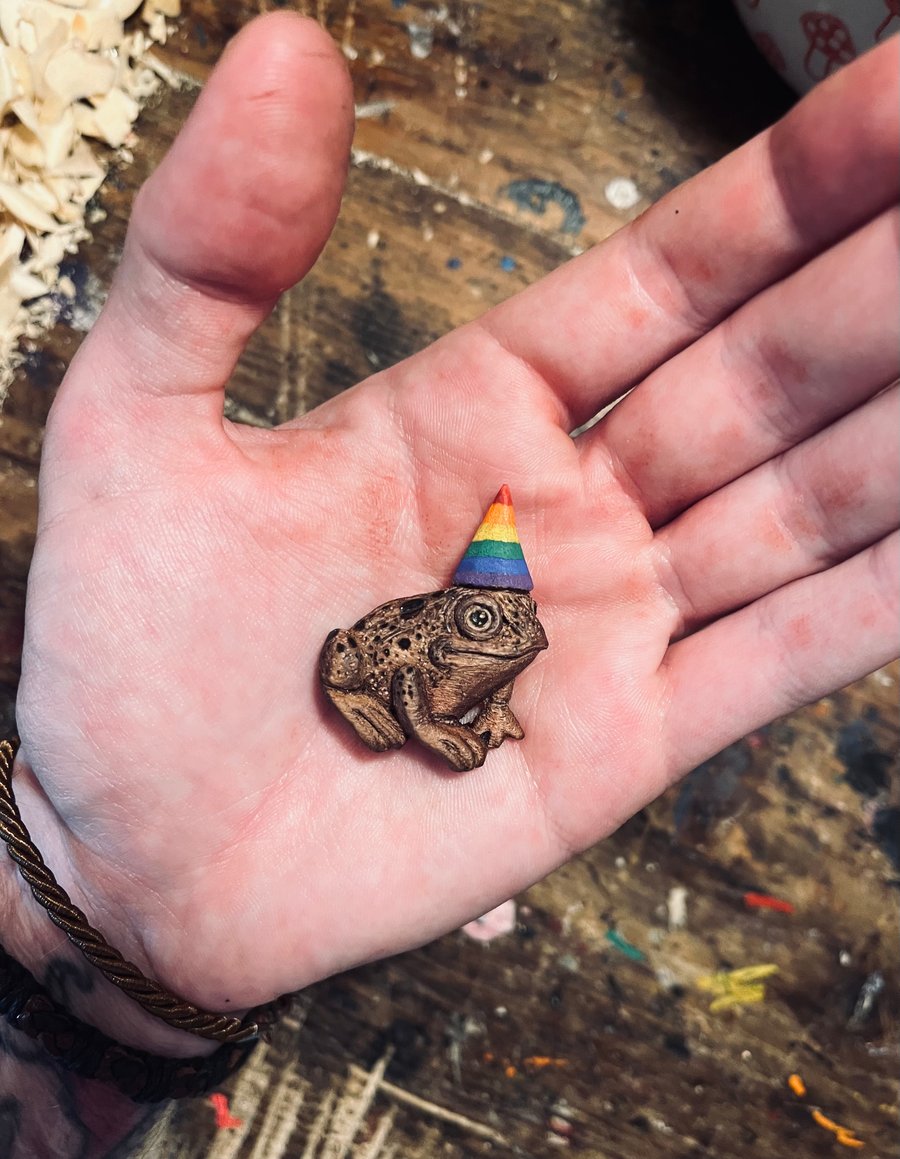 Hand Carved Pride Frog Brooch Pin