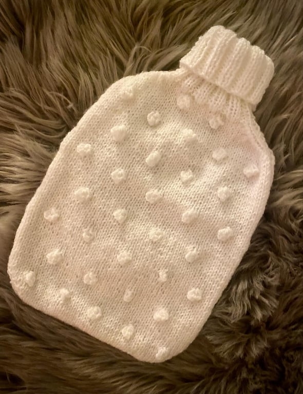 Hand Knitted Bobble Hot Water Bottle Cover - Cream