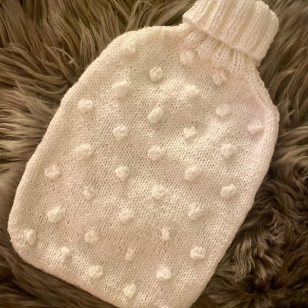 Hand Knitted Bobble Hot Water Bottle Cover - Cream