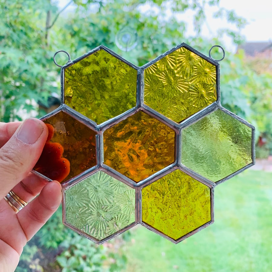 Stained Glass Honeycomb Suncatcher - Handmade Window Decoration - Anber