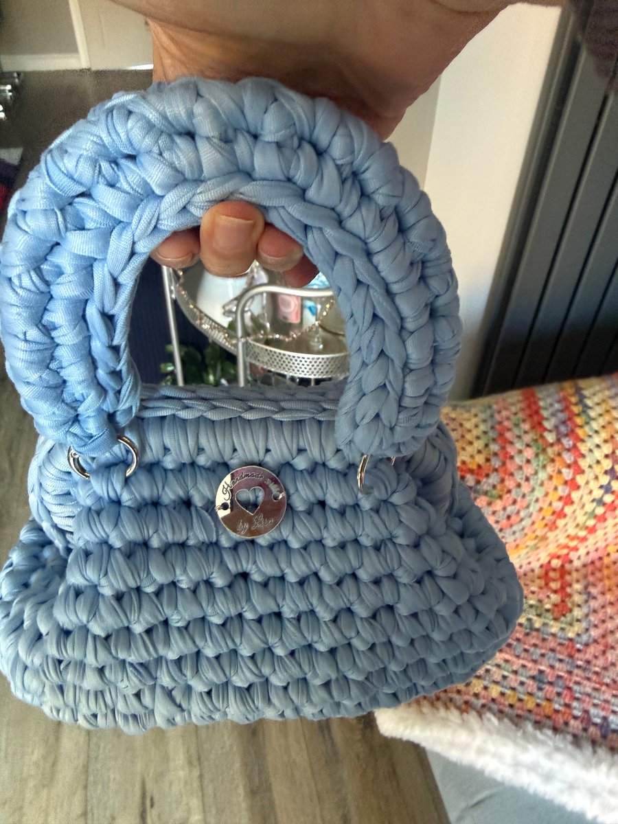 Handmade Baby Blue with Silver Grey Satin Lining Small Crochet Bag