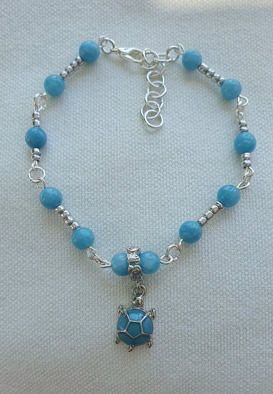Blue & Silver Plated Turtle with Pale Blue Agate Bracelet