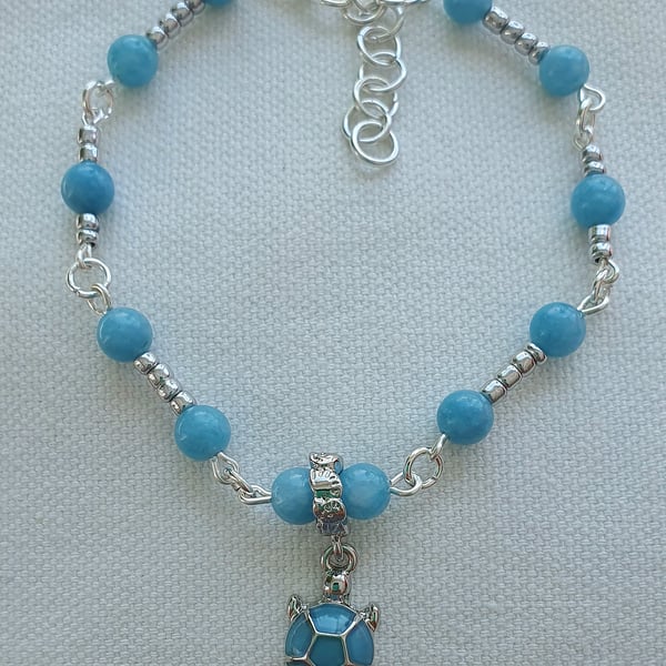 Blue & Silver Plated Turtle with Pale Blue Agate Bracelet