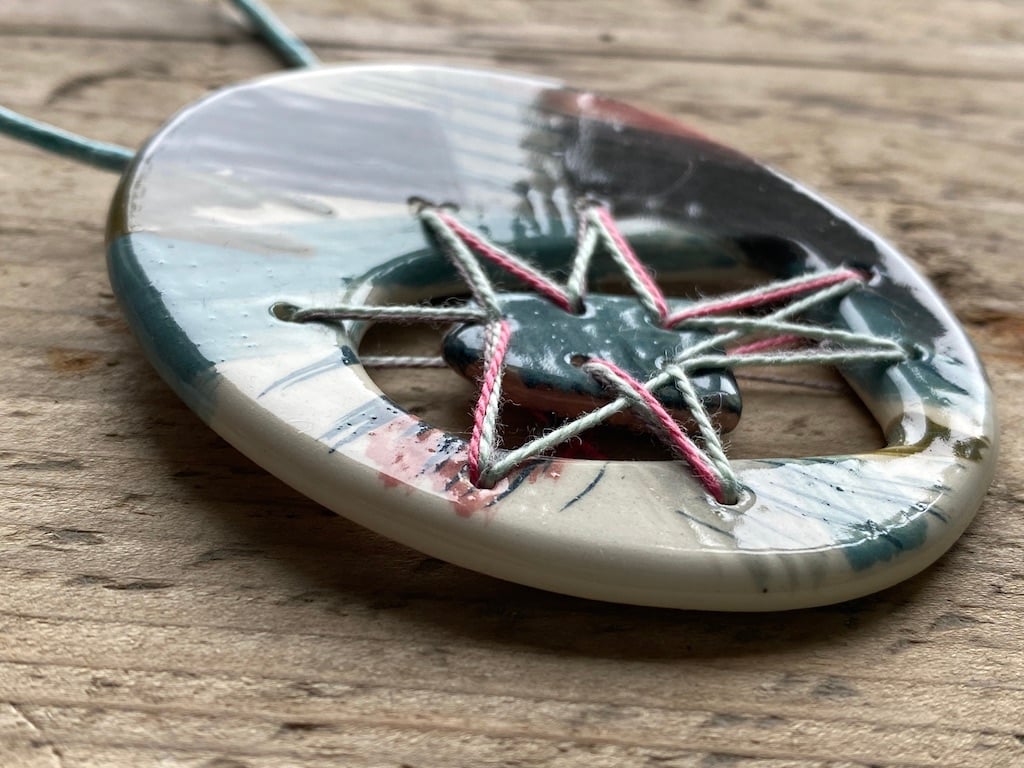 Pendant Necklace handmade ceramic statement piece with Stitched Fragment