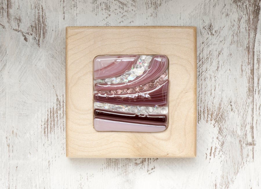 Fused Glass Picture with Bands of Plum and Sparkle set in a Sycamore Block Frame
