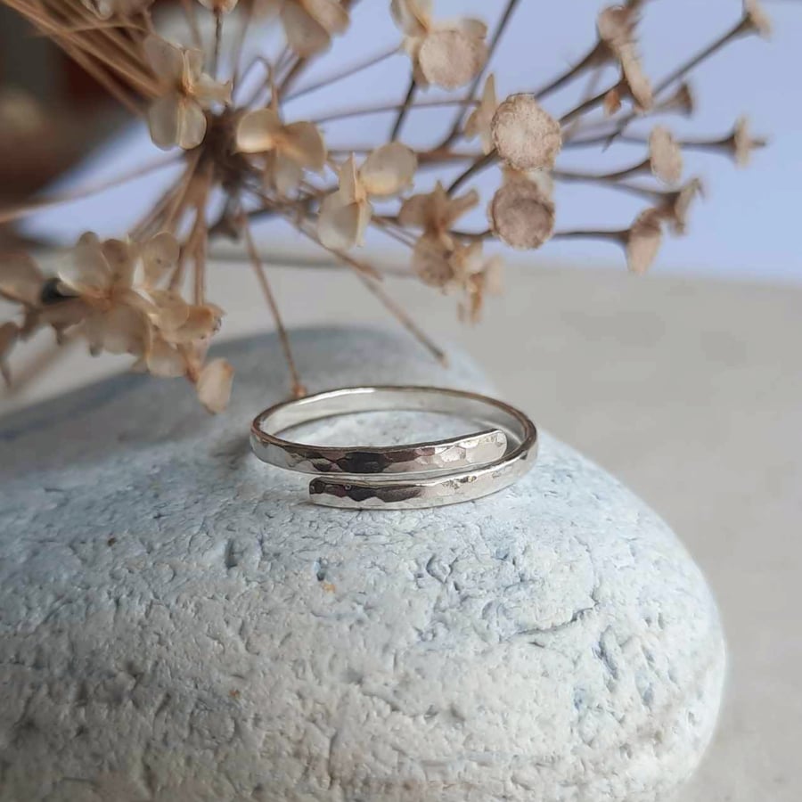 Hammered Recycled Sterling Silver Wrap Around Ring - Adjustable Band