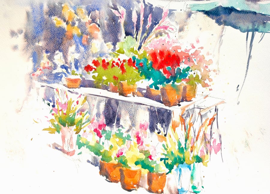 French flower market stall, Watercolour painting, Original wall art