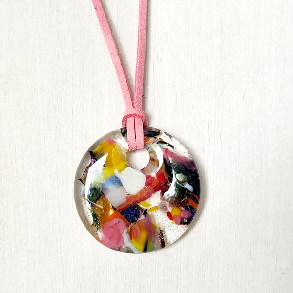 Fused Glass Cast Pendant on Soft Suede
