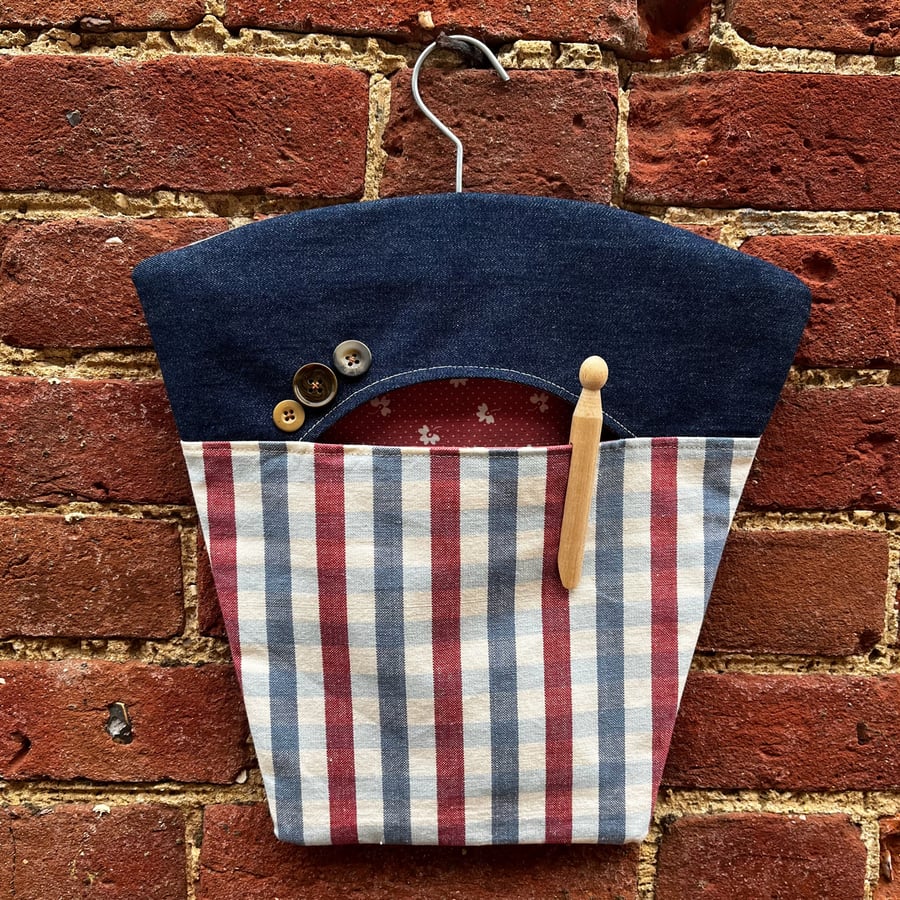 Peg Bag - denim and check cotton with reclaimed vintage floral lining