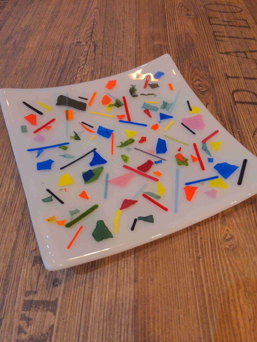 Fused Glass Plate 20cm square Multicoloured confetti & white