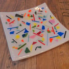Fused Glass Plate 20cm square Multicoloured confetti & white