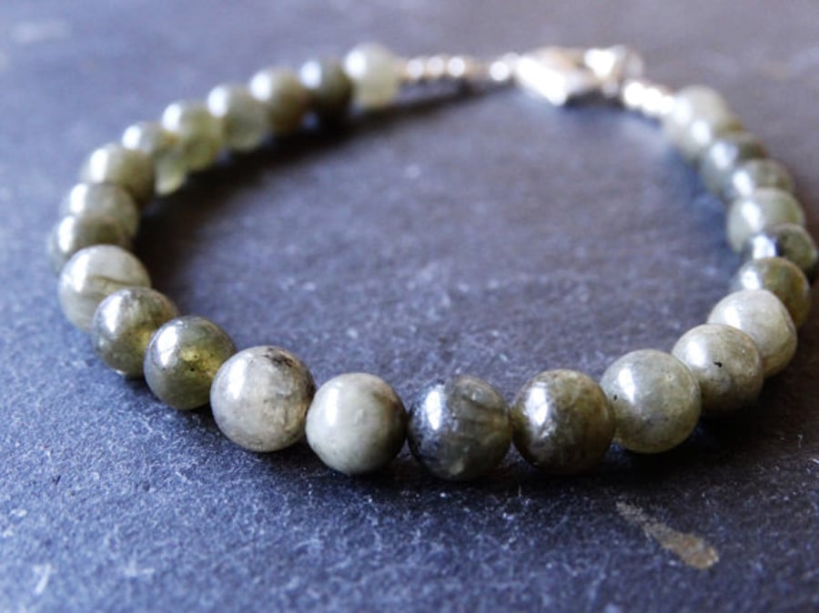 Labradorite gemstone beaded bracelet with sterling silver