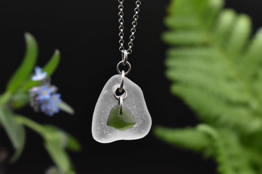 Highland Sea Glass and Sterling Silver Necklace, White and Green