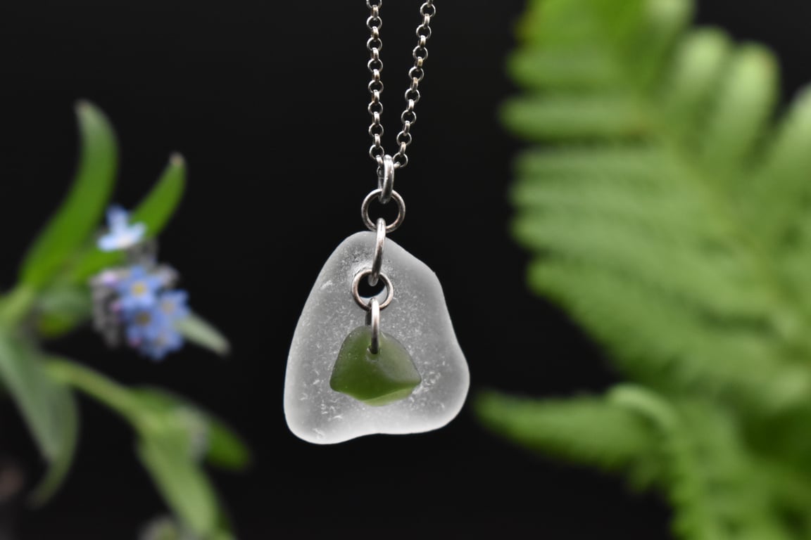 Highland Sea Glass and Sterling Silver Necklace, White and Green