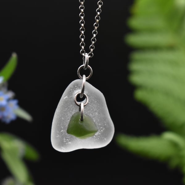 Highland Sea Glass and Sterling Silver Necklace, White and Green