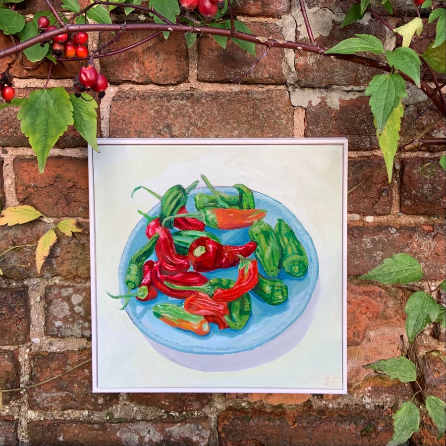 Chillies on a Blue Plate Oil Painting still life 