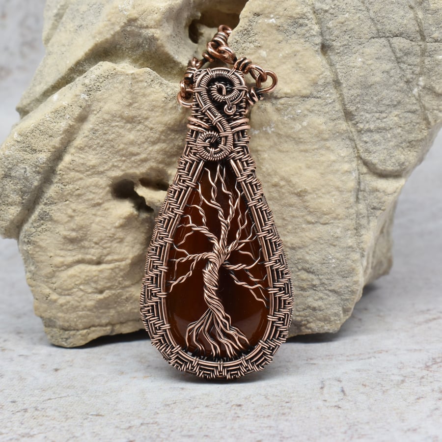 Wire Woven Carnelian and Copper Tree of Life on a Handmade Copper Chain