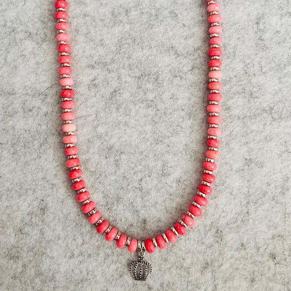 Pink glass beads with pretty crown pendant 