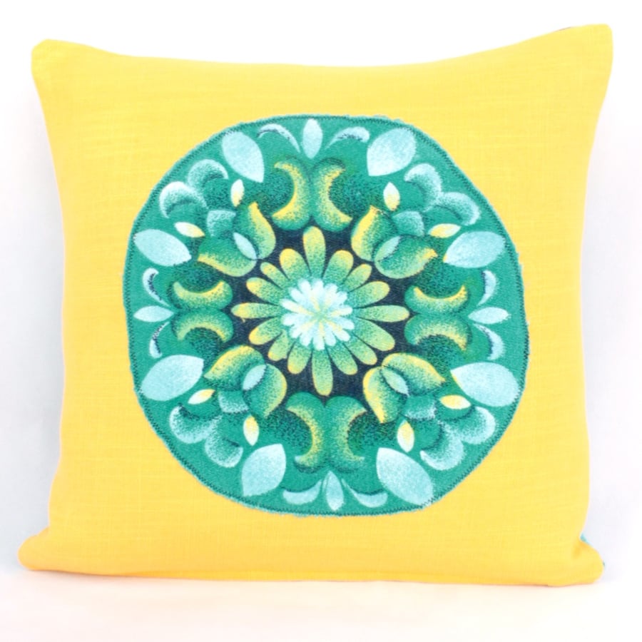 Vintage Yellow & Blue Cushion with Applique Floral Motif