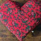 Handmade Heart-Shaped Cushion - Red Floral Folk Art