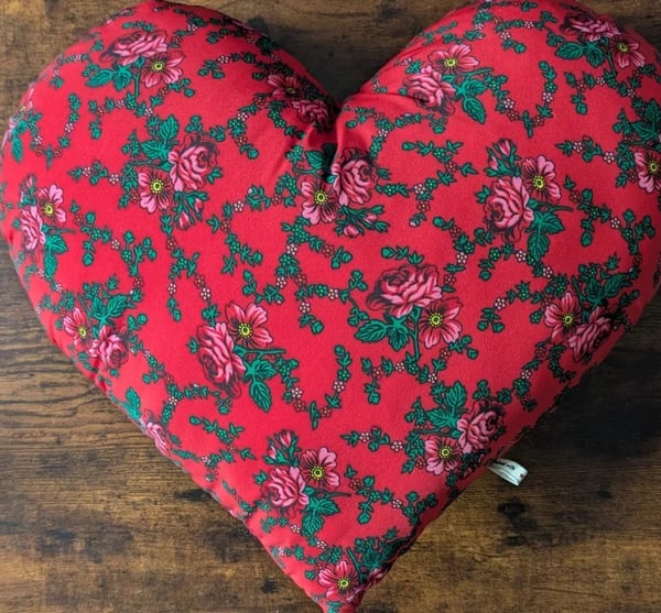Handmade Heart-Shaped Cushion - Red Floral Folk Art