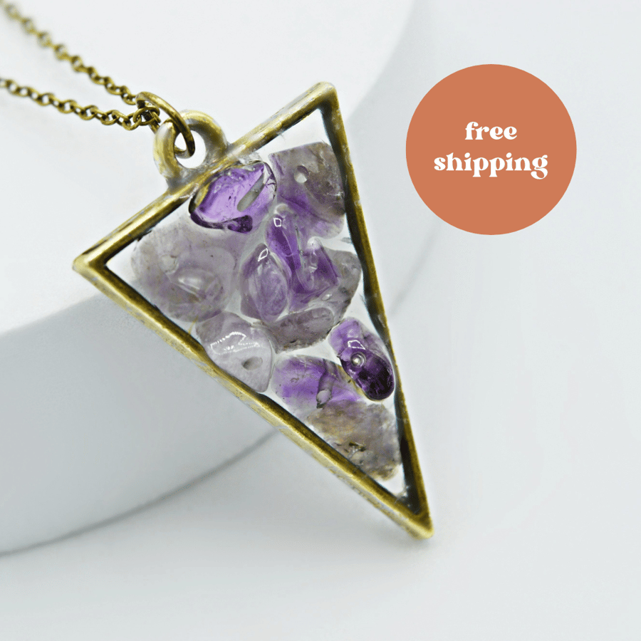 Amethyst Brass plated Triangle Worry Stone Necklace - Free Postage