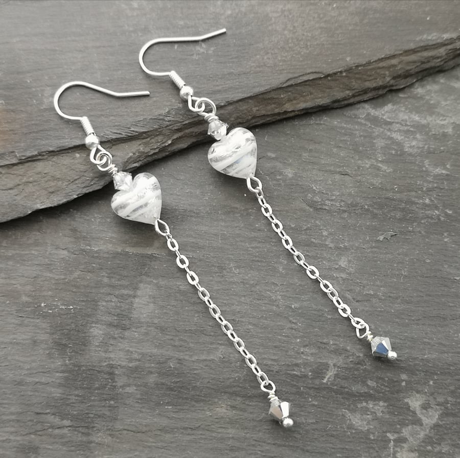 Silver and white Murano heart and Swarovski crystal earrings  