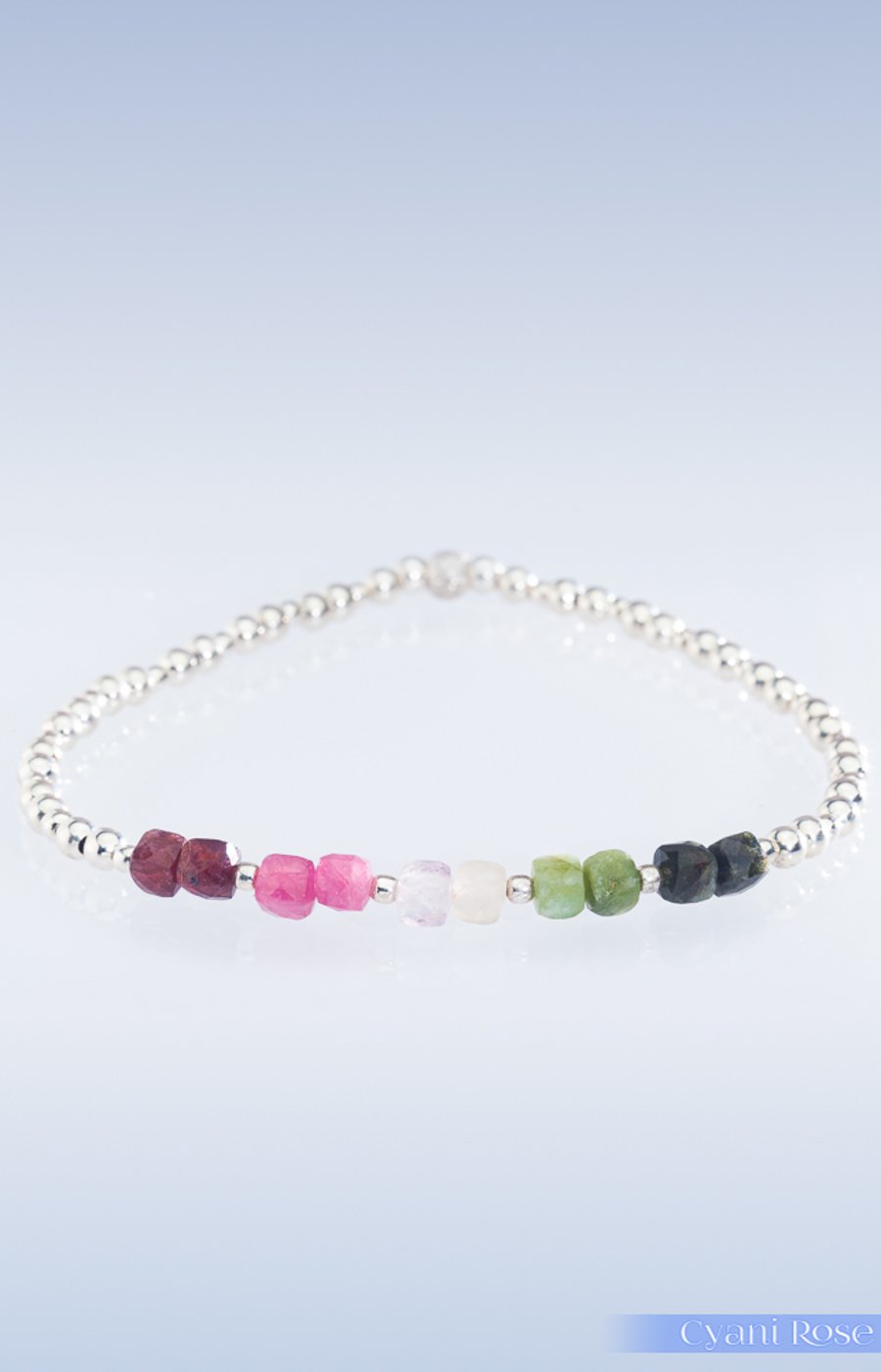 Multi tourmaline sterling silver stretchy bracelet protection and grounding