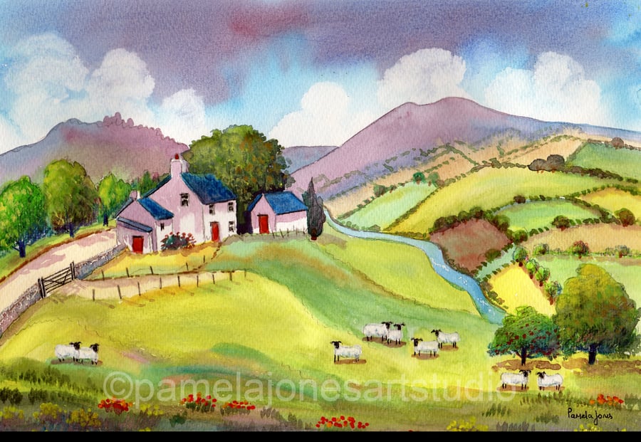Hillside Cottage, Sheep, North Wales, in 20 x16 '' Mount